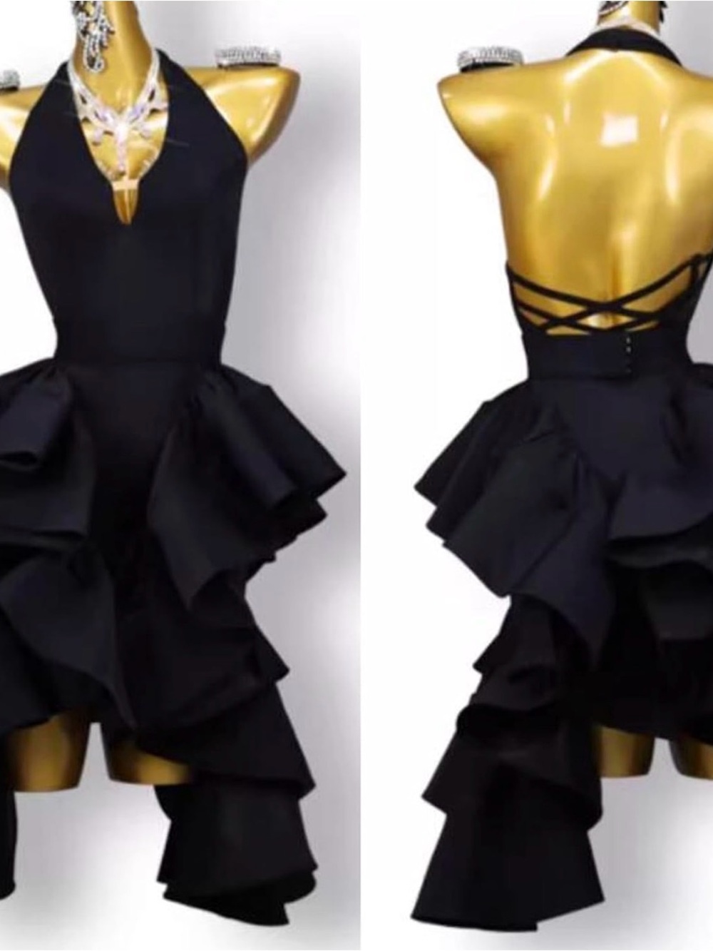 Cha-cha Black Halter Ruffle High-Low dance Dress